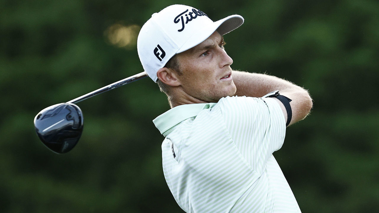 GREENSBORO, NORTH CAROLINA - AUGUST 12: Will Zalatoris of the United States plays his shot from the 11th tee during the first round of the Wyndham Championship at Sedgefield Country Club on August 12, 2021 in Greensboro, North Carolina.