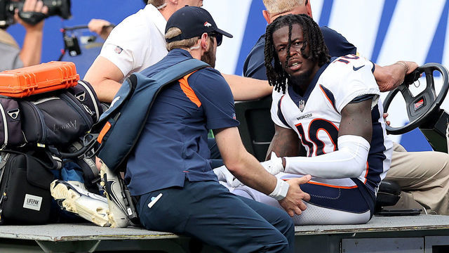 EAST RUTHERFORD, NEW JERSEY - SEPTEMBER 12: Jerry Jeudy #10 of the Denver Broncos is carted off the field with a injury against the New York Giants at MetLife Stadium on September 12, 2021 in East Rutherford, New Jersey.