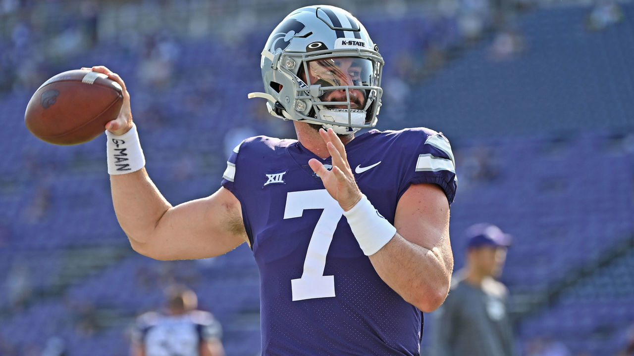 MANHATTAN, KS - SEPTEMBER 11: Quarterback Skylar Thompson #7 of the Kansas State Wildcats throws a pass during pre-game activities, prior to a game against the Southern Illinois Salukis at Bill Snyder Family Football Stadium on September 11, 2021 in Manhattan, Kansas.