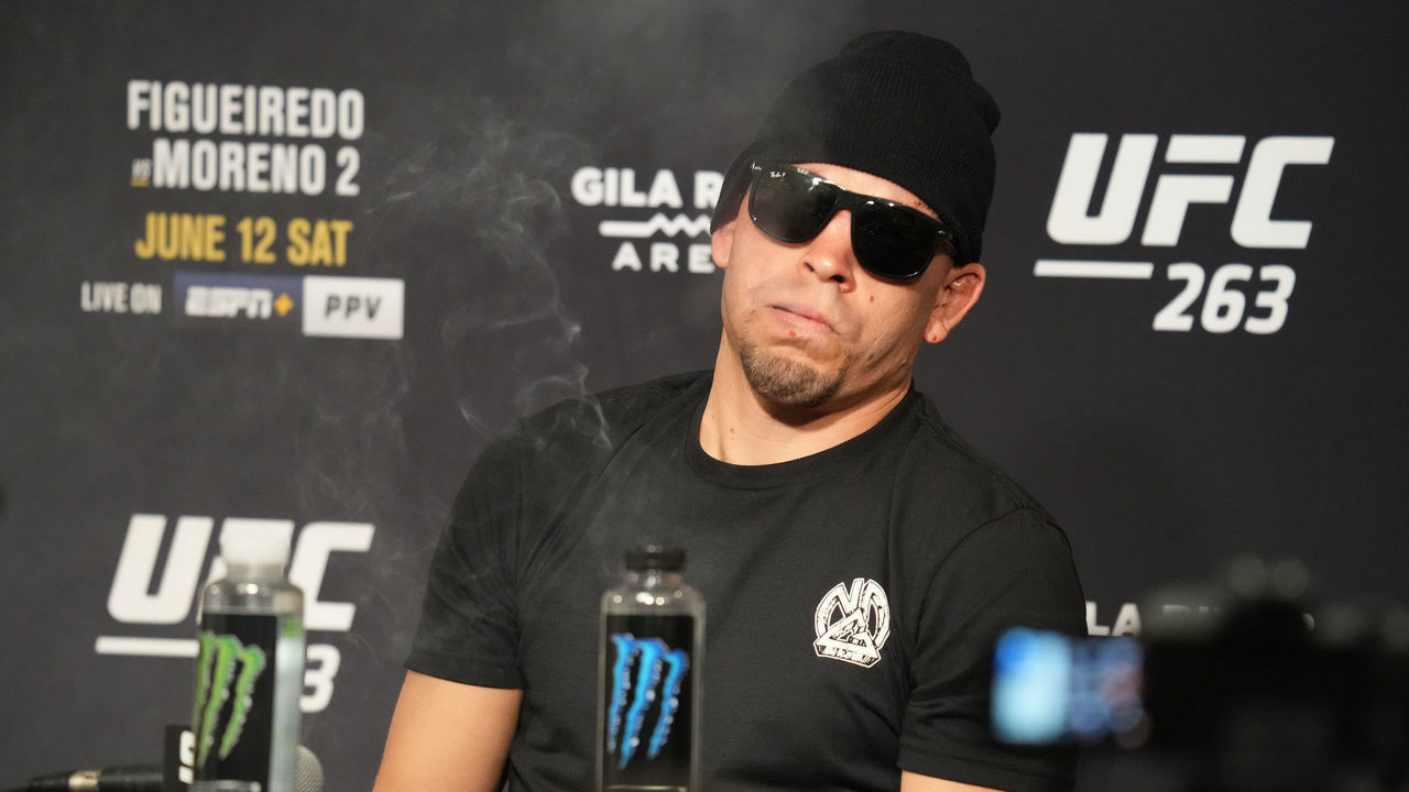 GLENDALE, AZ - JUNE 12: Nate Diaz meets with the press following his match at UFC 263 on June 12, 2021, at Gila River Arena in Glendale, AZ.