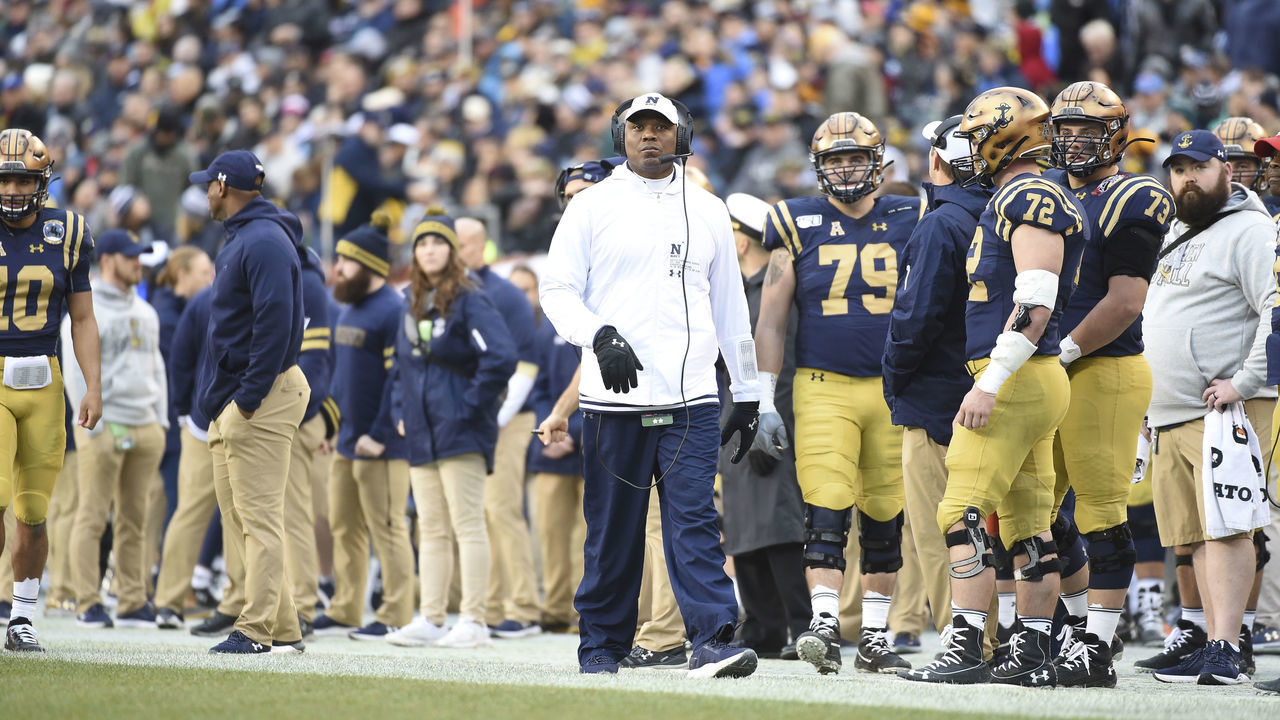 PHILADELPHIA, PA - DECEMBER 14: Navy Midshipmen coach Ivin Jasper looks on during the Army-Navy game on December 14, 2019 at Lincoln Financial Field in Philadelphia PA.