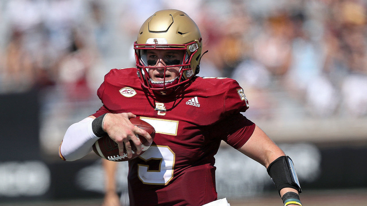 Boston, MA - September 4: Boston College Eagles quarterback Phil Jurkovec (5) runs for a first down during the third quarter. The Boston College Eagles host the Colgate Raiders in the teams season home opener at Alumni stadium in Chestnut Hill, MA on Sept. 4, 2021.