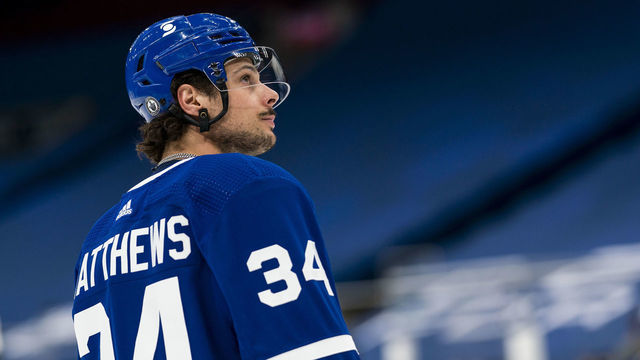 TORONTO, ON - MAY 27: Auston Matthews #34 of the Toronto Maple Leafs warms up before facing the Montreal Canadiens in Game Five of the First Round of the 2021 Stanley Cup Playoffs at the Scotiabank Arena on May 27, 2021 in Toronto, Ontario, Canada.