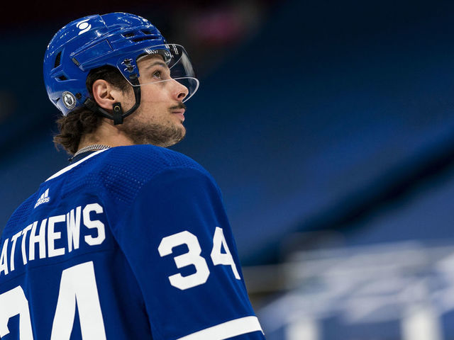TORONTO, ON - MAY 27: Auston Matthews #34 of the Toronto Maple Leafs warms up before facing the Montreal Canadiens in Game Five of the First Round of the 2021 Stanley Cup Playoffs at the Scotiabank Arena on May 27, 2021 in Toronto, Ontario, Canada.