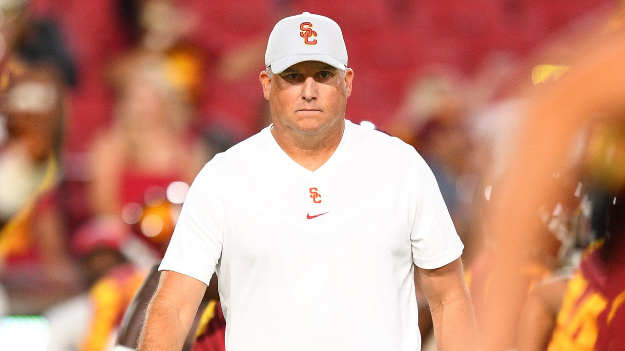 LOS ANGELES, CA - SEPTEMBER 11: USC Trojans head coach Clay Helton looks on before a college football game between the Stanford Cardinal and the USC Trojans on September 11, 2021, at Los Angeles Memorial Coliseum in Los Angeles, CA.