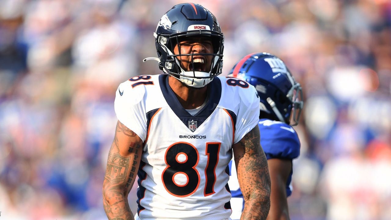 EAST RUTHERFORD, NEW JERSEY - SEPTEMBER 12: Denver Broncos wide receiver Tim Patrick (81) celebrates a first down at MetLife Stadium on September 12, 2021 in East Rutherford, New Jersey.
