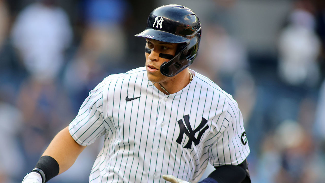 NEW YORK, NEW YORK - SEPTEMBER 13: Aaron Judge #99 of the New York Yankees points to the dugout after hitting a game tying 3-run home run to right field in the eighth inning against the Minnesota Twins at Yankee Stadium on September 13, 2021 in New York City.