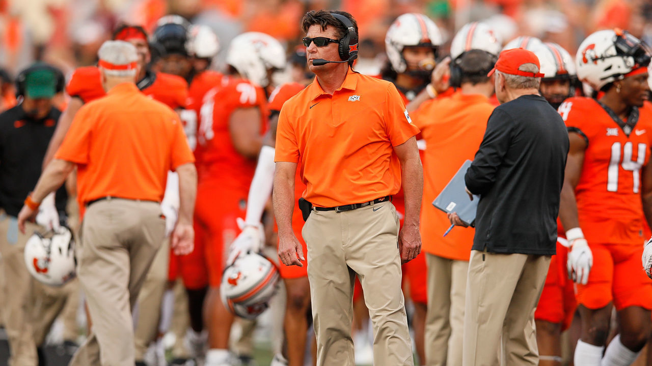 STILLWATER, OK - SEPTEMBER 04: Oklahoma State Cowboys Head Coach Mike Gundy watches the action during a football game between the Missouri State Bears and the Oklahoma State Cowboys on September 4, 2021, at Boone Pickens Stadium in Stillwater, Oklahoma.