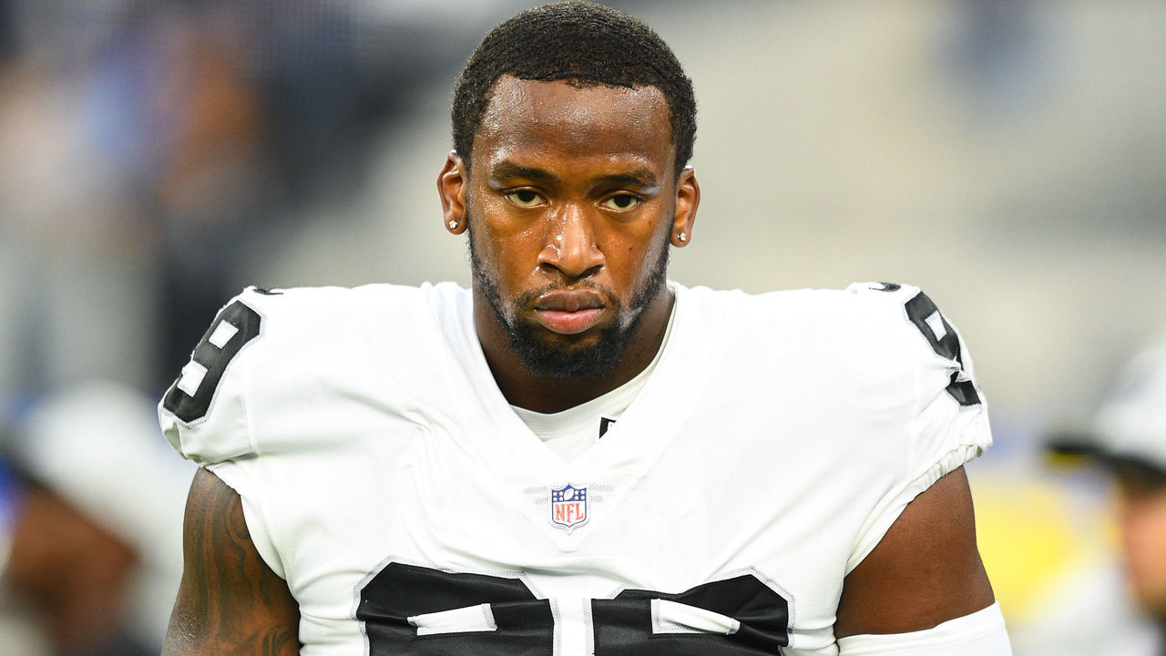 INGLEWOOD, CA - AUGUST 21: Las Vegas Raiders defensive end Clelin Ferrell (99) looks on during the NFL preseason game between the Las Vegas Raiders and the Los Angeles Rams on August 21, 2021, at SoFi Stadium in Inglewood, CA.