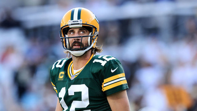 JACKSONVILLE, FLORIDA - SEPTEMBER 12: Aaron Rodgers #12 of the Green Bay Packers reacts against the New Orleans Saints during the second half at TIAA Bank Field on September 12, 2021 in Jacksonville, Florida.