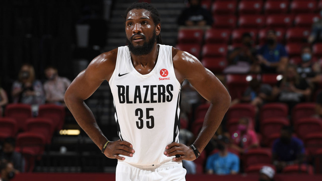 LAS VEGAS, NV - AUGUST 10: Kenneth Faried #35 of the Portland Trail Blazers looks on during the game against the LA Clippers during the 2021 Las Vegas Summer League on August 10, 2021 at the Thomas & Mack Center in Las Vegas, Nevada. Mandatory Copyright Notice: Copyright 2021 NBAE