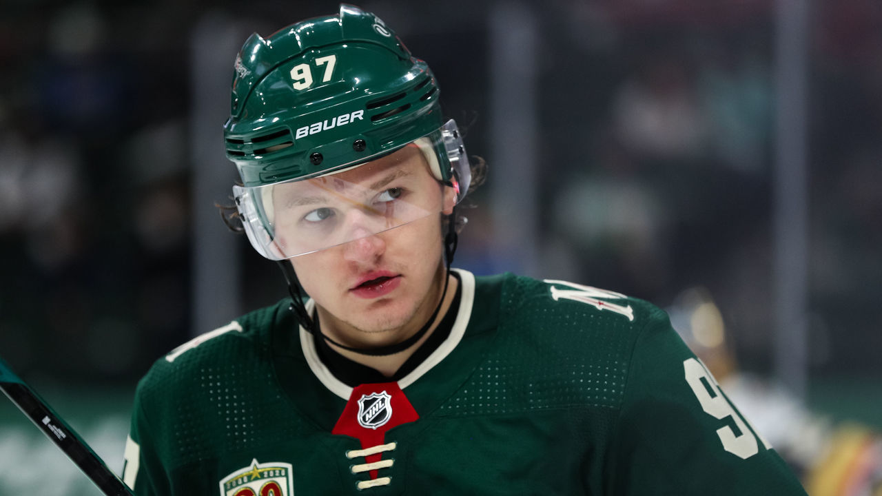 ST. PAUL, MN - MAY 20: Kirill Kaprizov #97 of the Minnesota Wild looks on against the Vegas Golden Knights in the second period in Game Three of the First Round of the 2021 Stanley Cup Playoffs at Xcel Energy Center on May 20, 2021 in St Paul, Minnesota. The Golden Knights defeated the Wild 5-2.