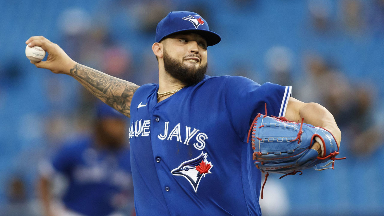 TORONTO, ON - SEPTEMBER 13: Alek Manoah #6 of the Toronto Blue Jays pitches during the first inning of their MLB game against the Tampa Bay Rays at Rogers Centre on September 13, 2021 in Toronto, Ontario.