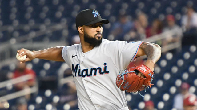 WASHINGTON, DC - SEPTEMBER 13: Sandy Alcantara #22 of the Miami Marlins pitches in the first inning during a baseball game against the Washington Nationals at Nationals Park at on September 13, 2021 in Washington, DC.