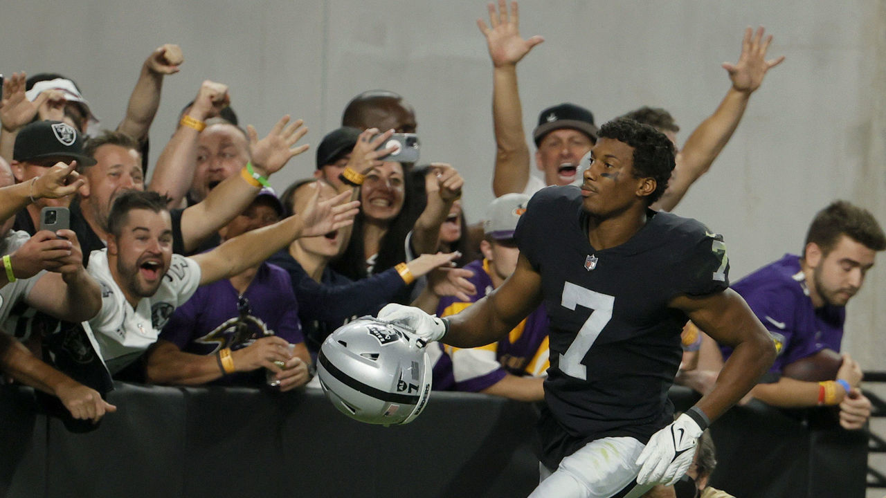 LAS VEGAS, NEVADA - SEPTEMBER 13: Zay Jones #7 of the Las Vegas Raiders celebrates after scoring the game winning touchdown to defeat the Baltimore Ravens 33-27 in overtime at Allegiant Stadium on September 13, 2021 in Las Vegas, Nevada.