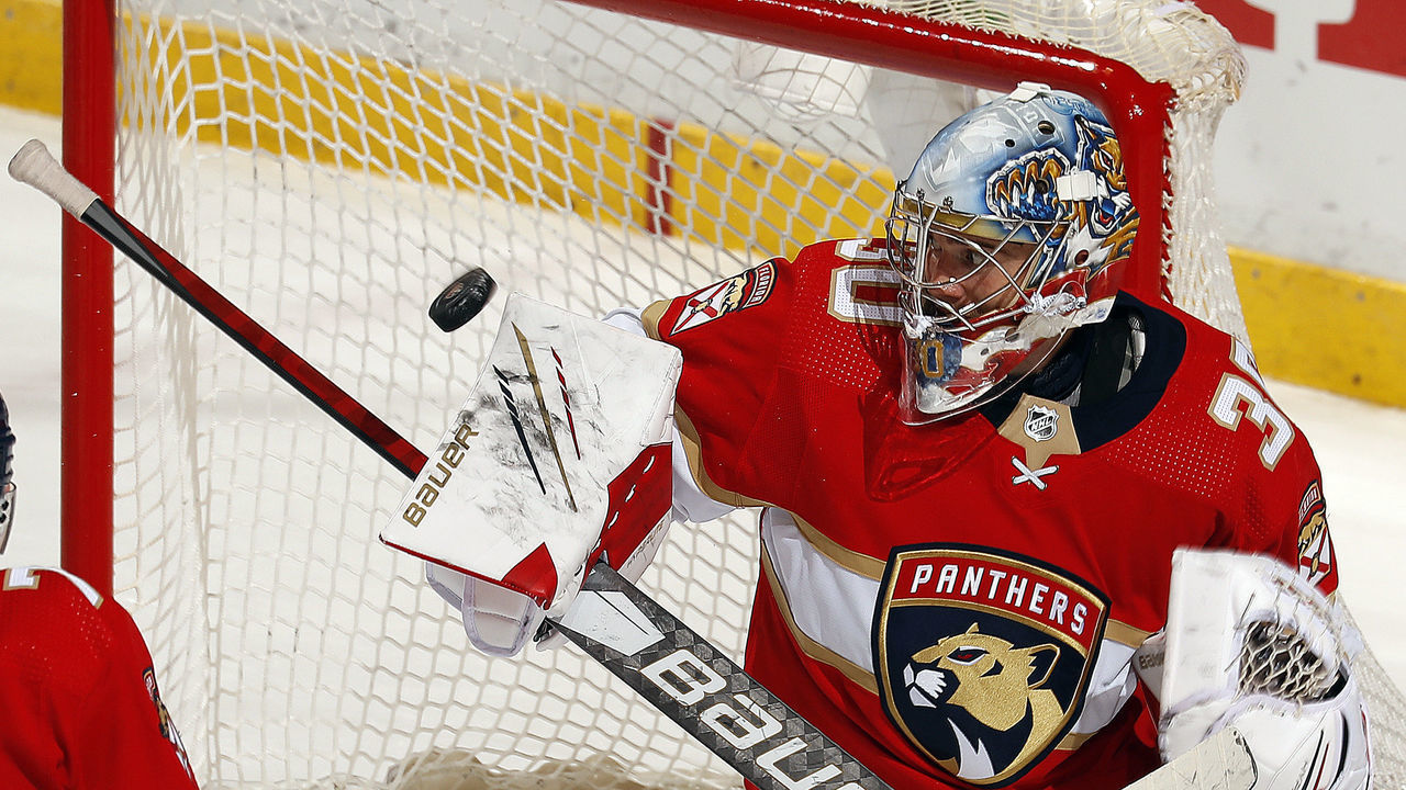 SUNRISE, FL - MAY 24: Goaltender Spencer Knight #30 of the Florida Panthers making his first NHL Playoff start defends the net during the first period against the Tampa Bay Lightning in Game Five of the First Round of the 2021 Stanley Cup Playoffs at the BB&T Center on May 24, 2021 in Sunrise, Florida.