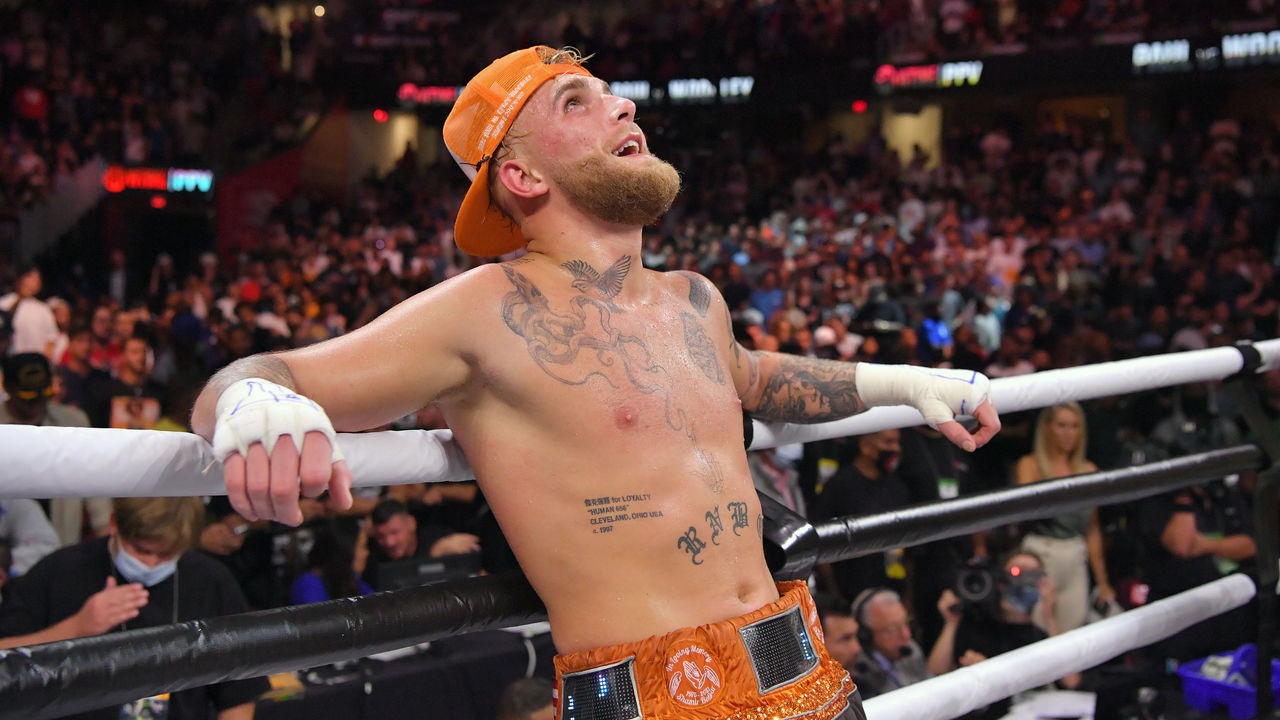 CLEVELAND, OHIO - AUGUST 29: Jake Paul reacts after defeating Tyron Woodley by split decision in their cruiserweight bout during a Showtime pay-per-view event at Rocket Morgage Fieldhouse on August 29, 2021 in Cleveland, Ohio.