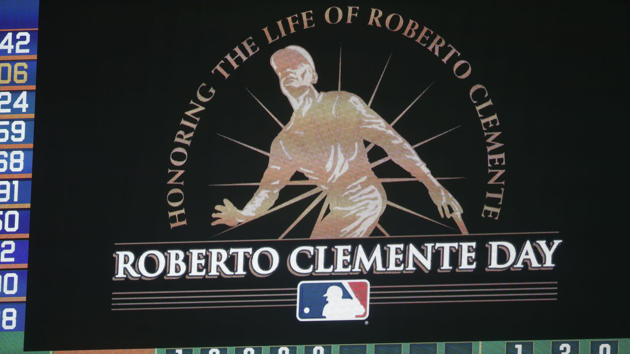 OAKLAND, CA - SEPTEMBER 9: A Roberto Clemente Day sign is shown on the videoboard during the game between the Oakland Athletics and the Houston Astros at RingCentral Coliseum on September 9, 2020 in Oakland, California. The Athletics defeated the Astros 3-2.