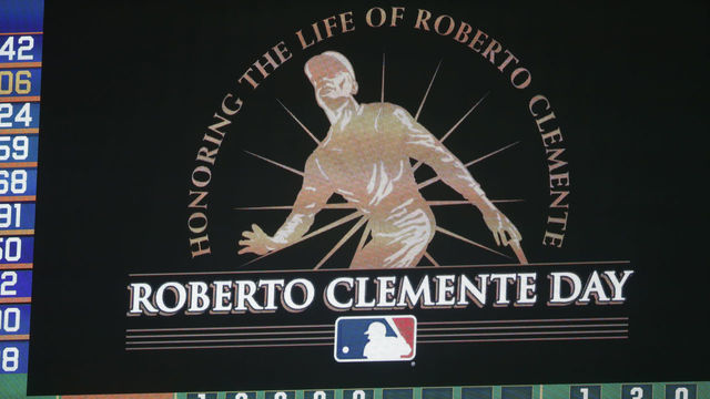 OAKLAND, CA - SEPTEMBER 9: A Roberto Clemente Day sign is shown on the videoboard during the game between the Oakland Athletics and the Houston Astros at RingCentral Coliseum on September 9, 2020 in Oakland, California. The Athletics defeated the Astros 3-2.