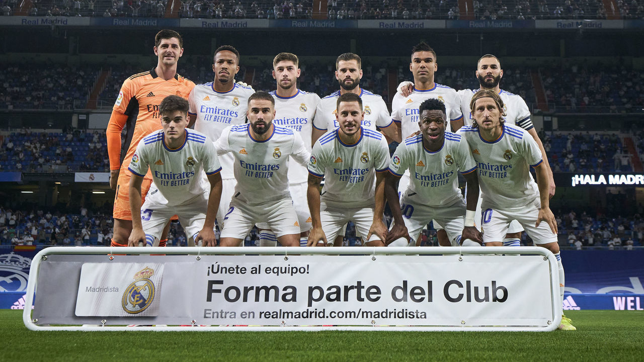MADRID, SPAIN - SEPTEMBER 12: The team of Real Madrid line up for a photo prior to kick off during the La Liga Santander match between Real Madrid CF and RC Celta de Vigo at Estadio Santiago Bernabeu on September 12, 2021 in Madrid, Spain.