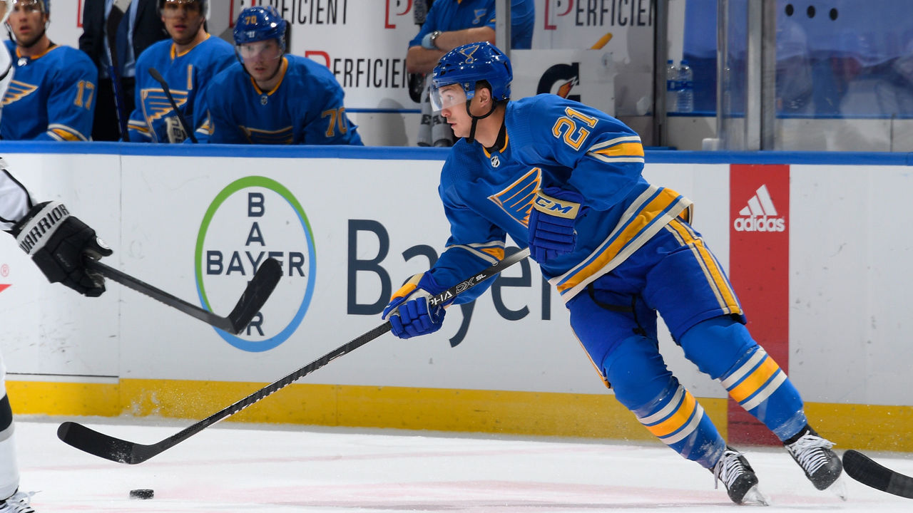 ST. LOUIS, MO - JANUARY 23: Tyler Bozak #21 of the St. Louis Blues skates against the Los Angeles Kings at Enterprise Center on January 23, 2021 at Enterprise Center in St. Louis, Missouri.