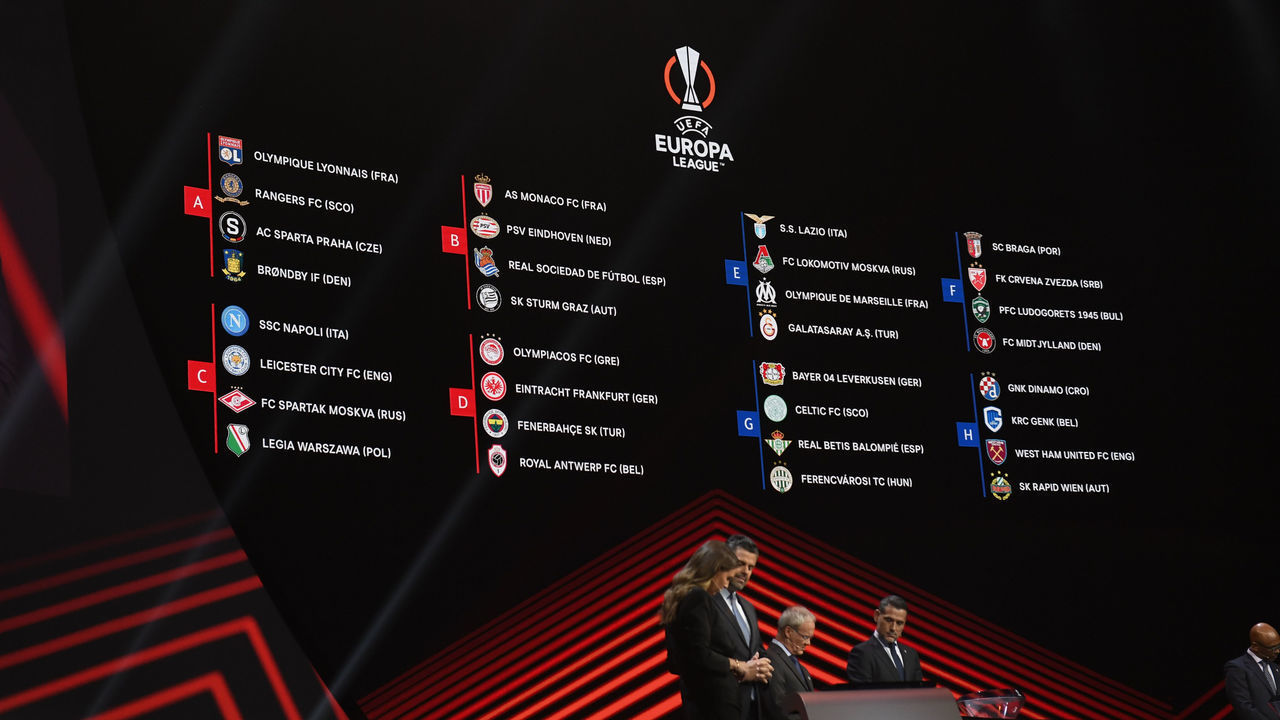 ISTANBUL, TURKEY - AUGUST 27: A view of the draw results as shown on the big screen following the UEFA Europa League 2021/22 Group Stage Draw on August 27, 2021 in Istanbul, Turkey.