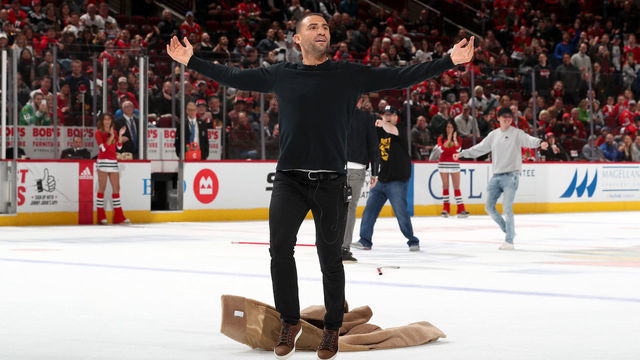 CHICAGO, IL - OCTOBER 24: Former NHL player Paul Bissonnette reacts after making his shot on the ice in between periods of the game between the Chicago Blackhawks and the Philadelphia Flyers at the United Center on October 24, 2019 in Chicago, Illinois.