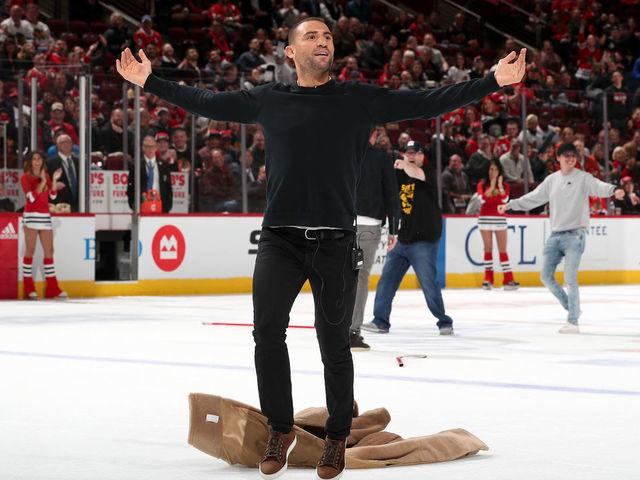 CHICAGO, IL - OCTOBER 24: Former NHL player Paul Bissonnette reacts after making his shot on the ice in between periods of the game between the Chicago Blackhawks and the Philadelphia Flyers at the United Center on October 24, 2019 in Chicago, Illinois.