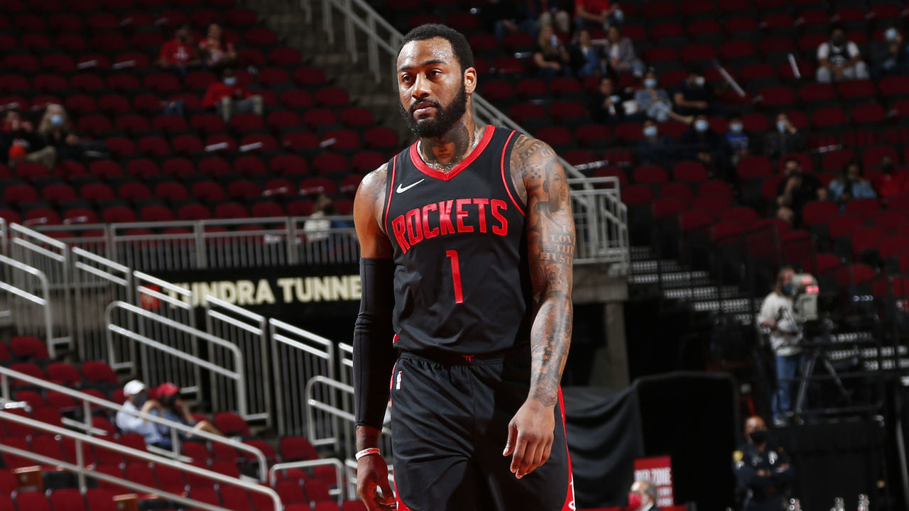 HOUSTON, TX - APRIL 23: John Wall #1 of the Houston Rockets walks on during the game against the Los Angeles Clippers on April 23, 2021 at the Toyota Center in Houston, Texas. Mandatory Copyright Notice: Copyright 2021 NBAE
