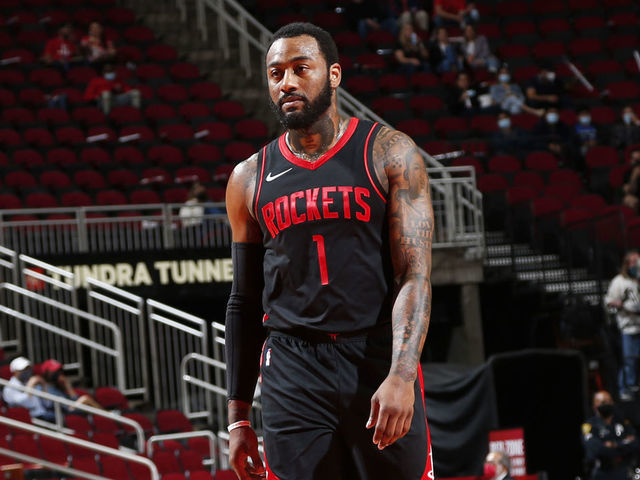 HOUSTON, TX - APRIL 23: John Wall #1 of the Houston Rockets walks on during the game against the Los Angeles Clippers on April 23, 2021 at the Toyota Center in Houston, Texas. Mandatory Copyright Notice: Copyright 2021 NBAE