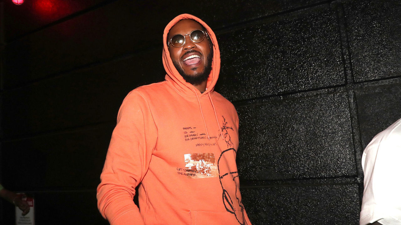 NEW YORK, NEW YORK - SEPTEMBER 12: Carmelo Anthony is seen celebrating the Oggizery Los birthday hosted by Travis Scott at Marquee New York on September 12, 2021 in New York City.