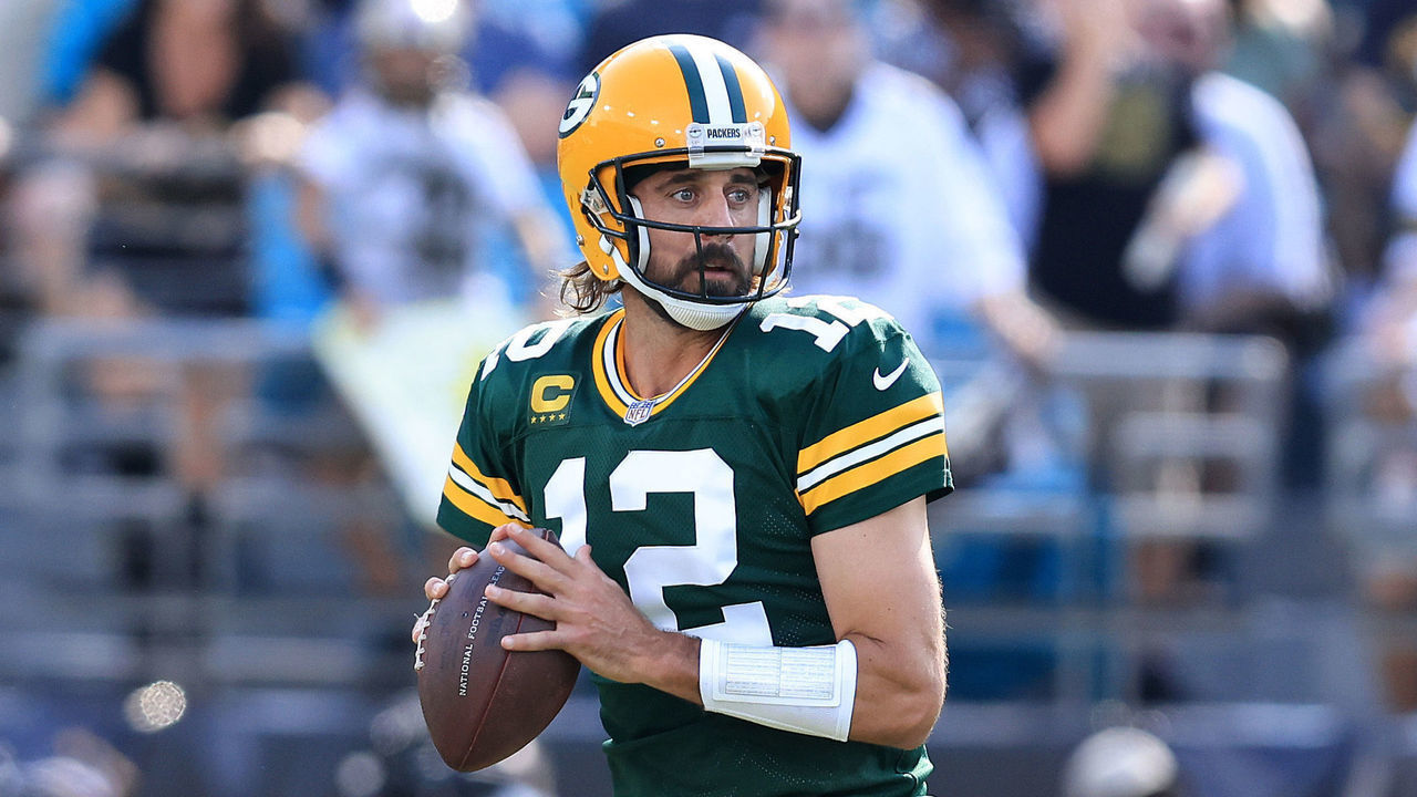 JACKSONVILLE, FLORIDA - SEPTEMBER 12: Aaron Rodgers #12 of the Green Bay Packers looks to pass against the New Orleans Saints during the first half at TIAA Bank Field on September 12, 2021 in Jacksonville, Florida.