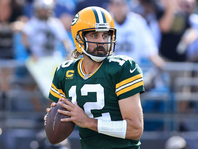 JACKSONVILLE, FLORIDA - SEPTEMBER 12: Aaron Rodgers #12 of the Green Bay Packers looks to pass against the New Orleans Saints during the first half at TIAA Bank Field on September 12, 2021 in Jacksonville, Florida.