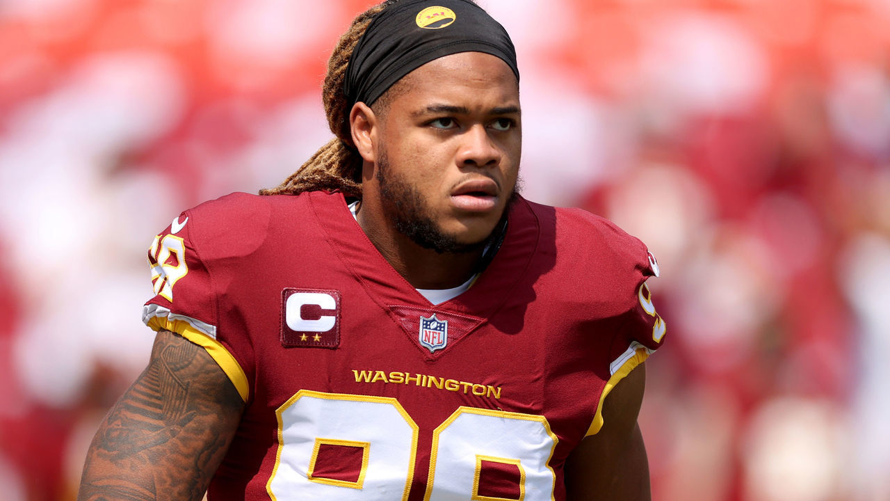 LANDOVER, MARYLAND - SEPTEMBER 12: Chase Young #99 of the Washington Football Team looks on prior to the game against the Los Angeles Chargers at FedExField on September 12, 2021 in Landover, Maryland.