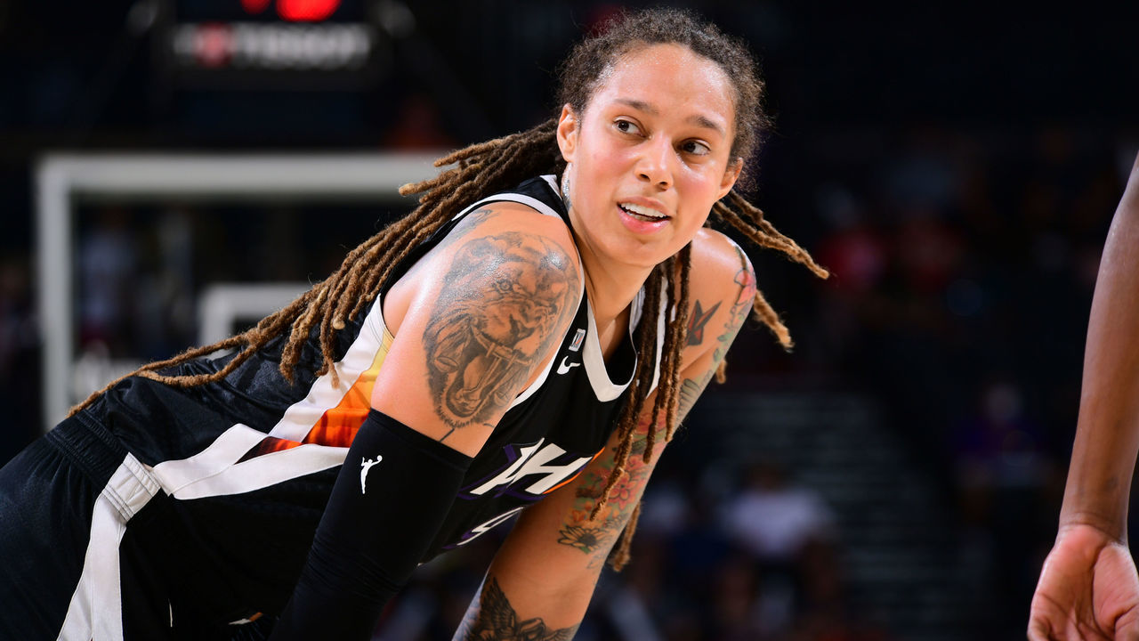 PHOENIX, AZ - SEPTEMBER 11: Brittney Griner #42 of the Phoenix Mercury looks on during the game against the Connecticut Sun on September 11, 2021 at Footprint Center in Phoenix, Arizona. Mandatory Copyright Notice: Copyright 2021 NBAE