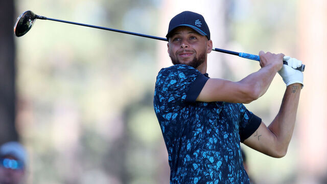 SOUTH LAKE TAHOE, NEVADA - JULY 11: NBA athlete Steph Curry tees off from the second hole during the final round of the American Century Championship at Edgewood Tahoe South golf course on July 11, 2020 in South Lake Tahoe, Nevada.