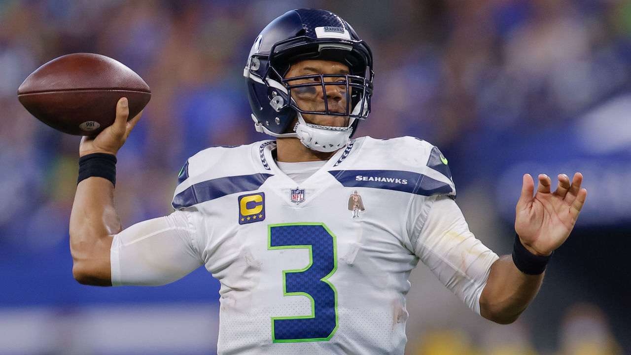 INDIANAPOLIS, IN - SEPTEMBER 12: Russell Wilson #3 of the Seattle Seahawks is seen during the game against the Indianapolis Colts at Lucas Oil Stadium on September 12, 2021 in Indianapolis, Indiana.