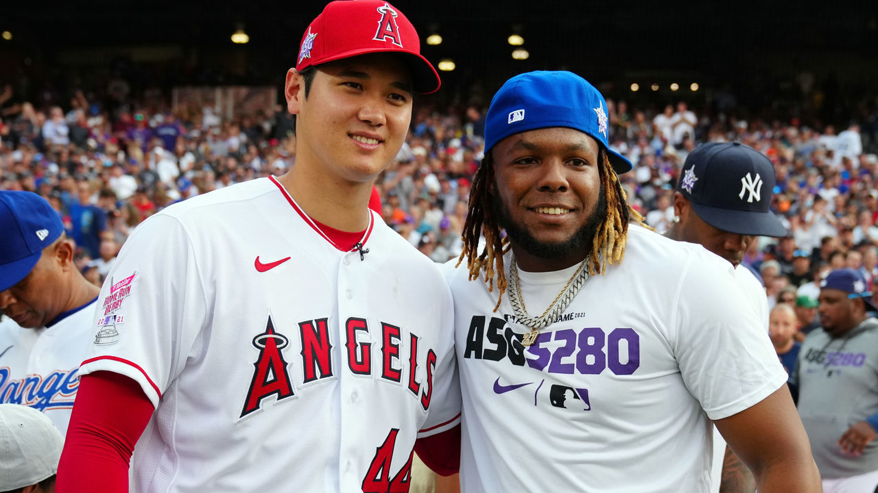 DENVER, CO - JULY 12: Shohei Ohtani #17 of the Los Angeles Angels and Vladimir Guerrero Jr. #27 of the Toronto Blue Jays pose for a picture during the 2021 T-Mobile Home Run Derby at Coors Field on Monday, July 12, 2021 in Denver, Colorado.