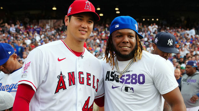 DENVER, CO - JULY 12: Shohei Ohtani #17 of the Los Angeles Angels and Vladimir Guerrero Jr. #27 of the Toronto Blue Jays pose for a picture during the 2021 T-Mobile Home Run Derby at Coors Field on Monday, July 12, 2021 in Denver, Colorado.