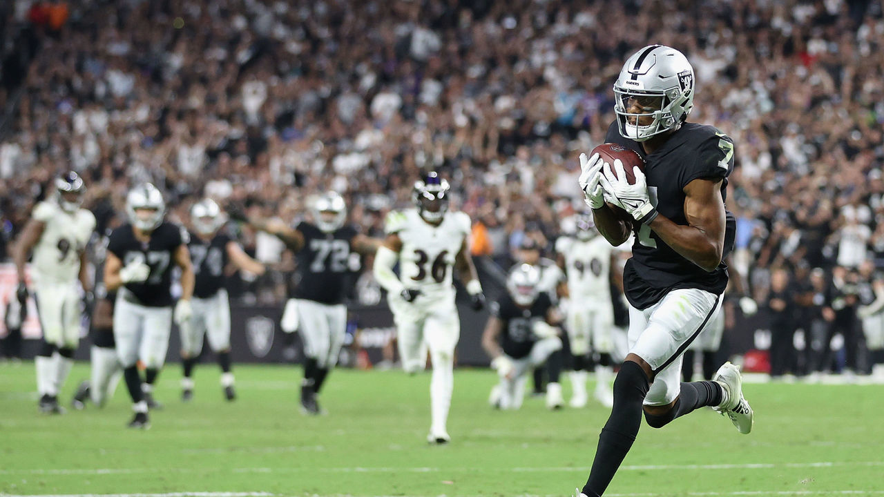 LAS VEGAS, NEVADA - SEPTEMBER 13: Zay Jones #7 of the Las Vegas Raiders makes a catch to score the game winning touchdown in overtime to defeat the Baltimore Ravens 33-27 at Allegiant Stadium on September 13, 2021 in Las Vegas, Nevada.