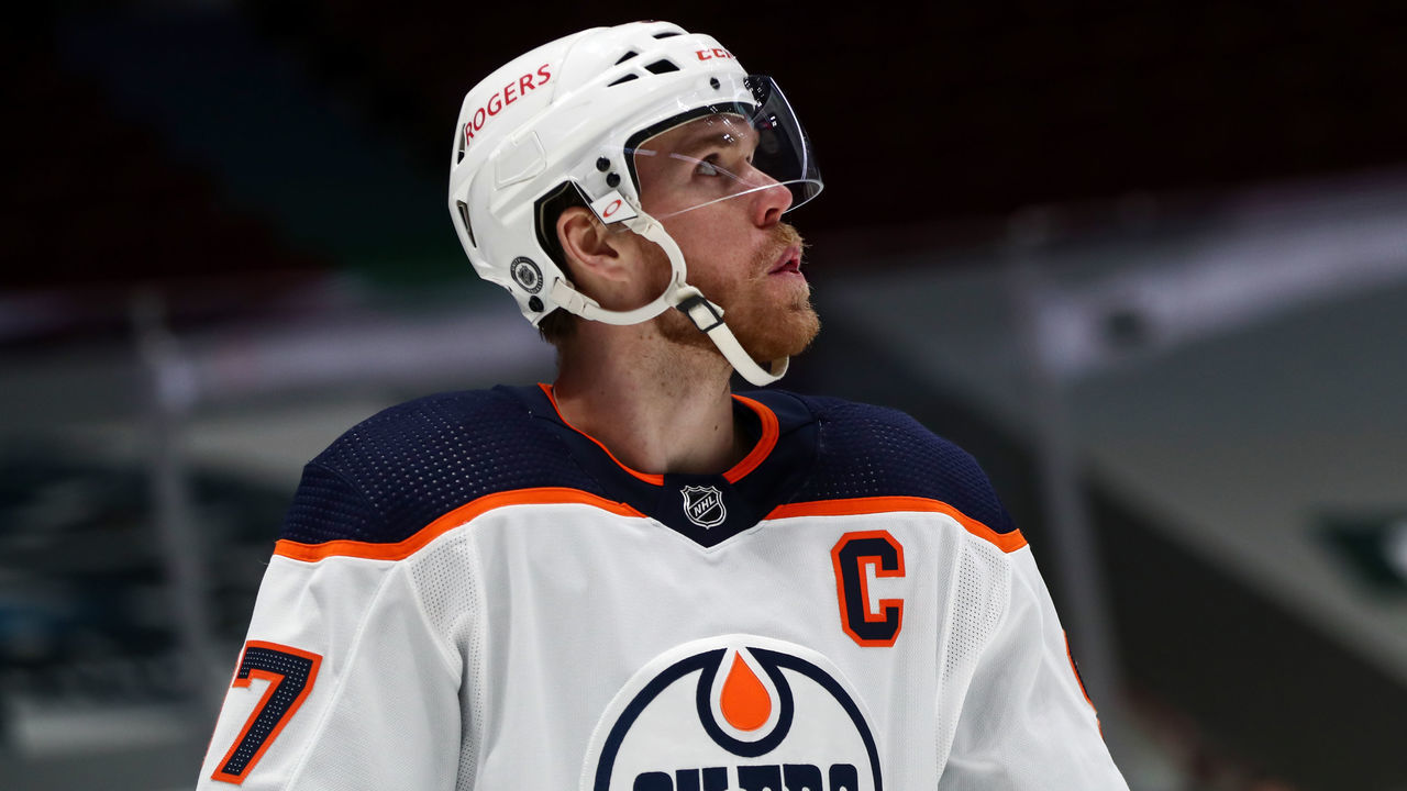 VANCOUVER, BC - MAY 03: Edmonton Oilers Center Connor McDavid (97) on ice against the Vancouver Canucks during their NHL game at Rogers Arena on May 3, 2021 in Vancouver, British Columbia, Canada.