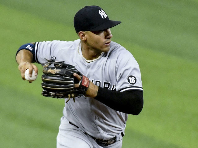 MIAMI, FL - JULY 30: Gleyber Torres #25 of the New York Yankees throws towards first base during the sixth inning against the Miami Marlins at loanDepot park on July 30, 2021 in Miami, Florida. (Photo sixby Eric Espada/Getty Images)