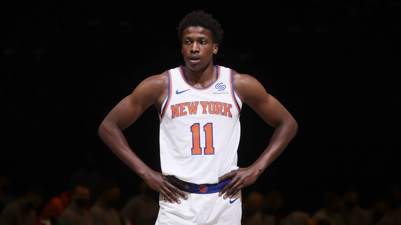 BROOKLYN, NY - MARCH 15: Frank Ntilikina #11 of the New York Knicks looks on during the game against the Brooklyn Nets on March 15, 2021 at Barclays Center in Brooklyn, New York. Mandatory Copyright Notice: Copyright 2021 NBAE