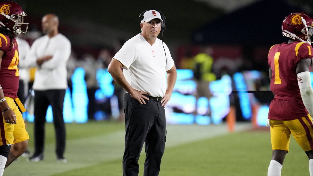 Los Angeles, CA - September 11: Head coach Clay Helton of the USC Trojans looks toward the video board against the Stanford Cardinal in the second half of a NCAA football game at the Los Angeles Memorial Coliseum in Los Angeles on Saturday, September 11, 2021. Stanford Cardinal won 42-28.