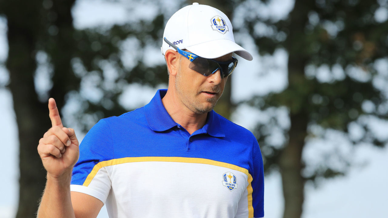 PARIS, FRANCE - SEPTEMBER 30: Henrik Stenson of Europe celebrates on the 13th during singles matches of the 2018 Ryder Cup at Le Golf National on September 30, 2018 in Paris, France.