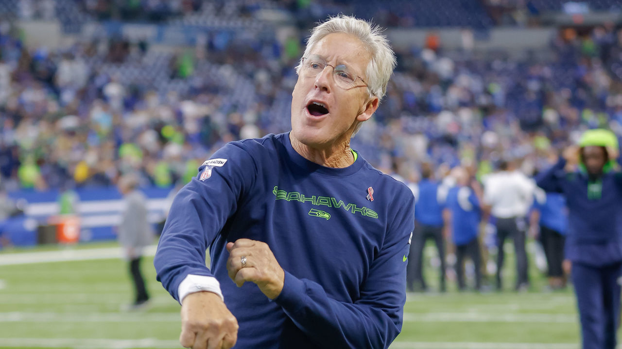 INDIANAPOLIS, IN - SEPTEMBER 12: Head coach Pete Carroll of the Seattle Seahawks is seen after the game against the Indianapolis Colts at Lucas Oil Stadium on September 12, 2021 in Indianapolis, Indiana.