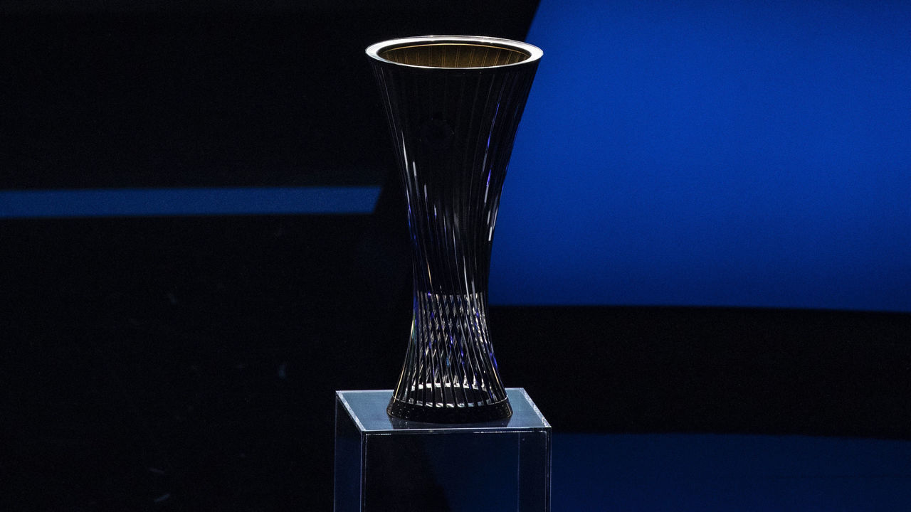ISTANBUL, TURKEY - AUGUST 27: UEFA Europa Conference League trophy is on display during the group stage draw for UEFA Europa Conference League at Halic Congress Center in Istanbul, Turkey on August 27, 2021.