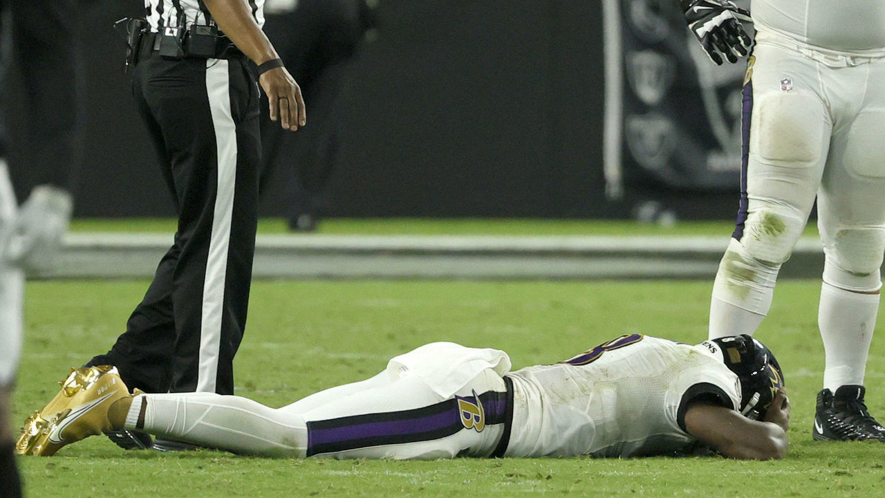 LAS VEGAS, NEVADA - SEPTEMBER 13: Lamar Jackson #8 of the Baltimore Ravens reacts after fumbling the ball in overtime against the Las Vegas Raiders at Allegiant Stadium on September 13, 2021 in Las Vegas, Nevada.