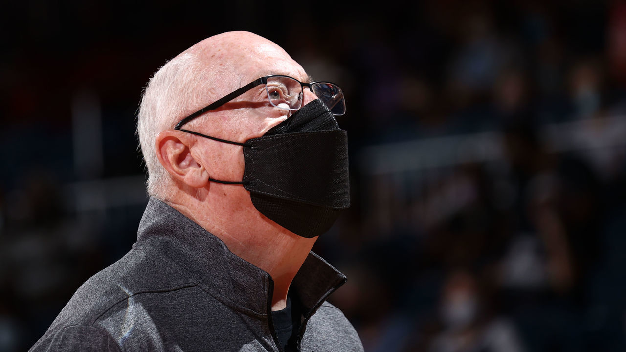 WASHINGTON, DC - AUGUST 22: Head Coach Mike Thibault of the Washington Mystics looks on before the game against the Seattle Storm on August 22, 2021 at the Entertainment & Sports Arena in Washington, DC. Mandatory Copyright Notice: Copyright 2021 NBAE