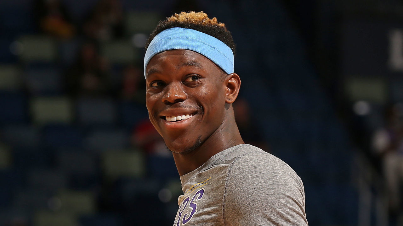 NEW ORLEANS, LA - MARCH 23: Dennis Schroder #17 of the Los Angeles Lakers smiles and warms up before the game against the New Orleans Pelicans on March 23, 2021 at the Smoothie King Center in New Orleans, Louisiana. Mandatory Copyright Notice: Copyright 2021 NBAE